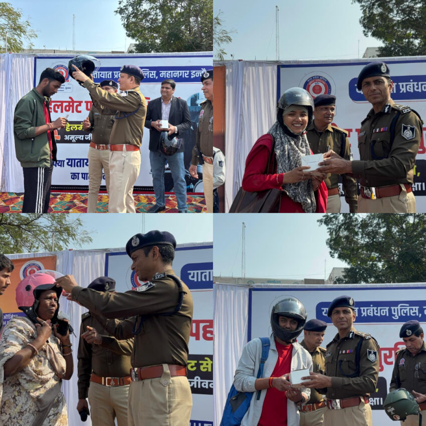 Helmets distributed at Palasia intersection, drivers honored in awareness campaign